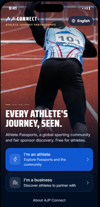 AJP Connect app — home screen with athlete journey introduction