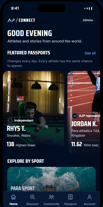 AJP Connect app — featured passports and explore by sport